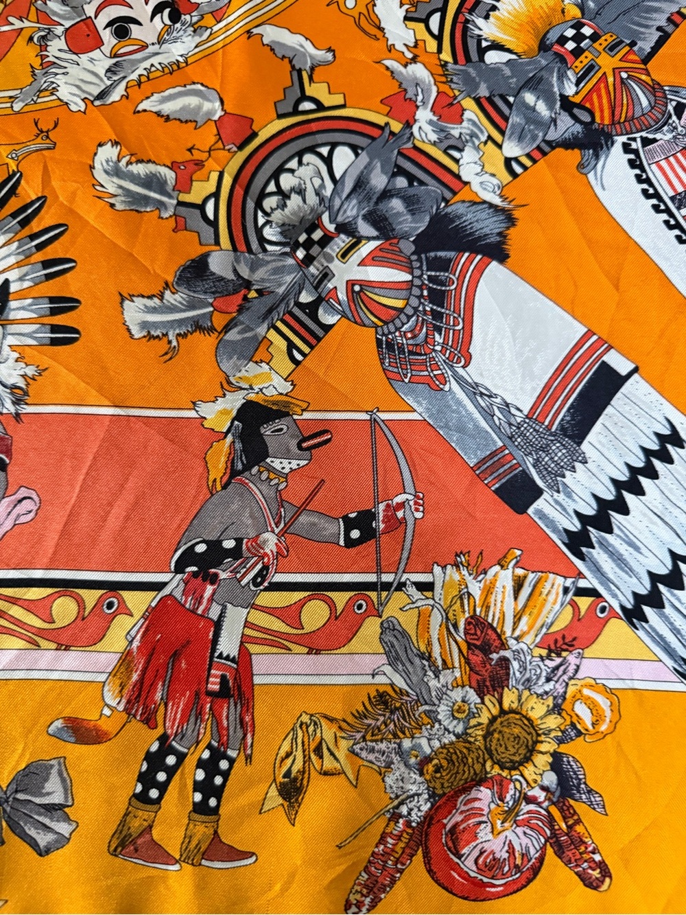 Hermès Orange Kachinas Silk Scarf By Kermit Oliver. - Picture 3 of 15